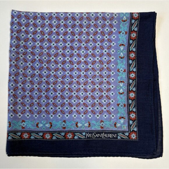 YSL Yves Saint Laurent Scarf/Handkerchief Navy Blue w/ Blue Geometric Pattern - Picture 1 of 8